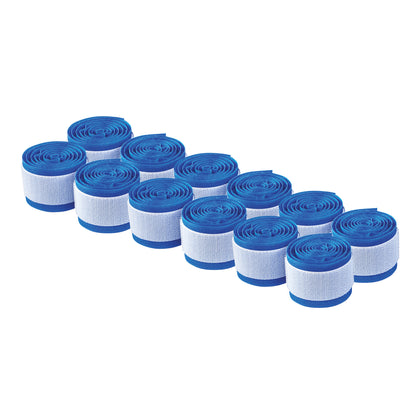 Twelve rolls of AliMed AliStrap Precut Patient Safety Strap, featuring blue material with white fastener strips.
