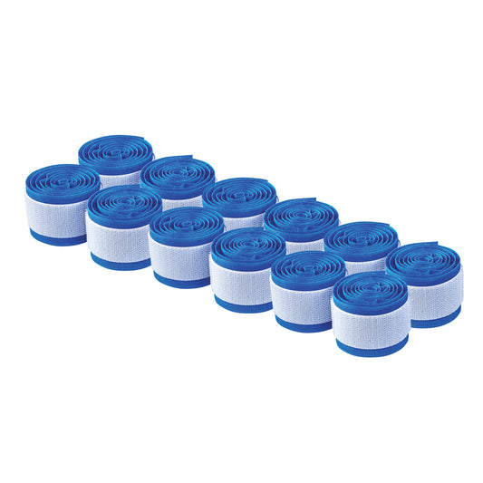 Twelve rolled AliMed AliStrap Precut Patient Safety Straps, blue with white hook-and-loop fasteners, displayed in rows.