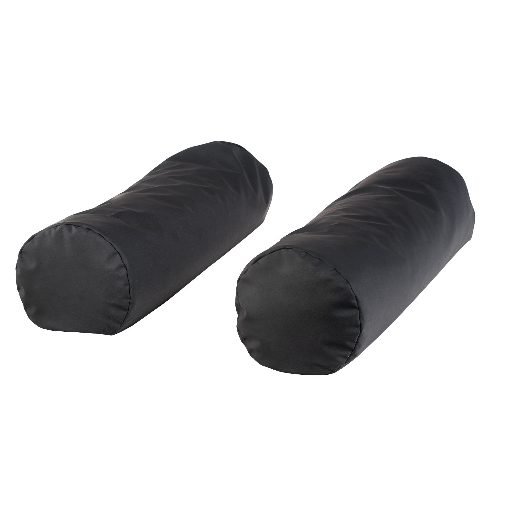 Two black AliMed ComPly Chest Roll Positioners lie side by side, cylindrical in shape, shown against a white background.