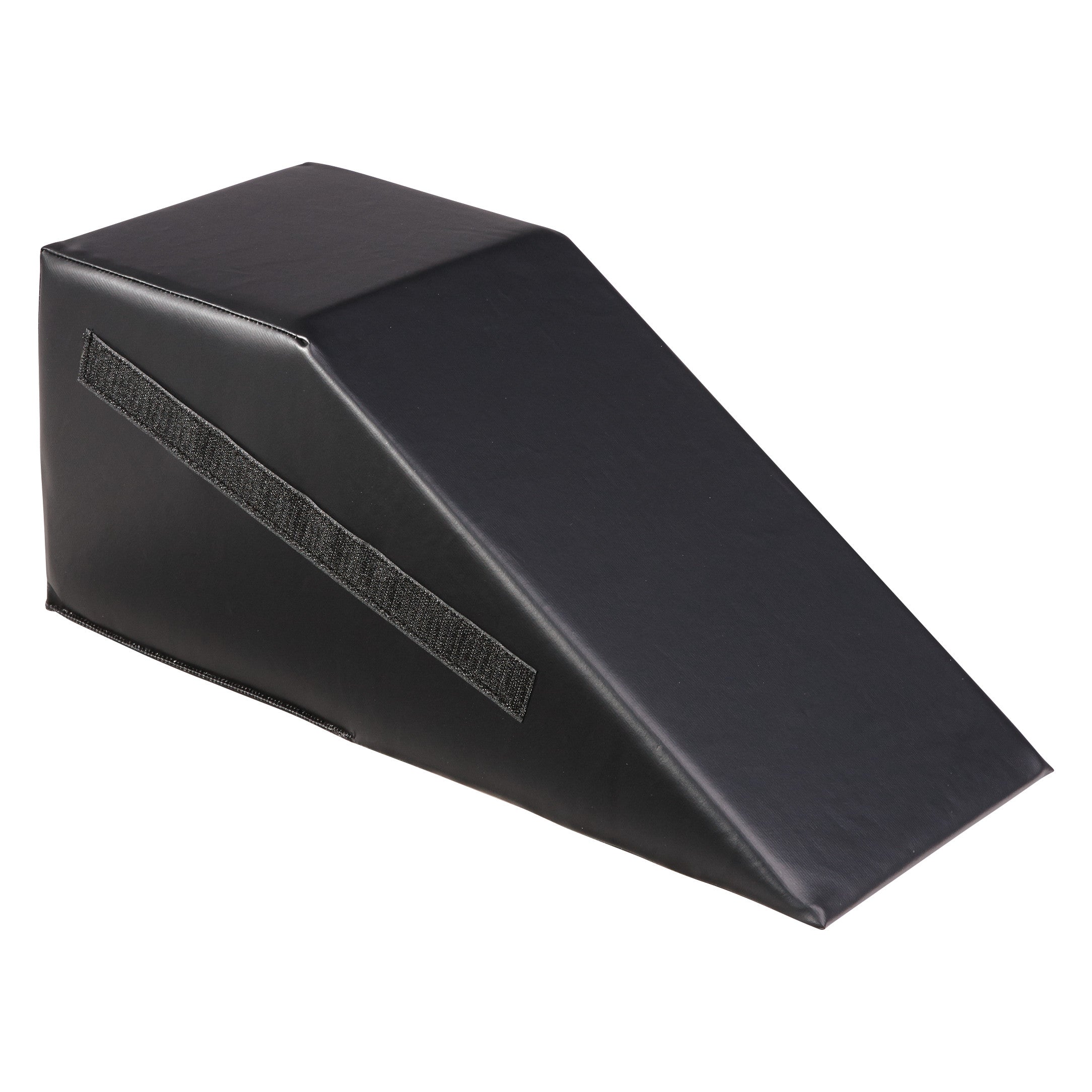 A black wedge-shaped cushion, part of the Upper Extremities Clearview Wedge Set, features a hook and loop  strip on the side.