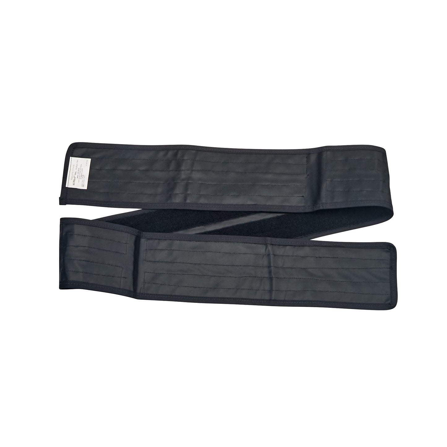 The AliMed Nonmetallic Operating Room Table Strap is a black, adjustable strap with a fastening section and a small label on one end.