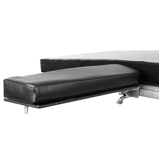 The AliMed Pivoting Armboard features a sleek black cushioned surface attached to a metal frame with a lever mechanism underneath.