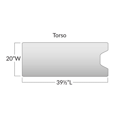 Diagram of the Action Torso Section Surface Overlay with Cutout, measuring 20"W x 39�"L, showing its dimensions.