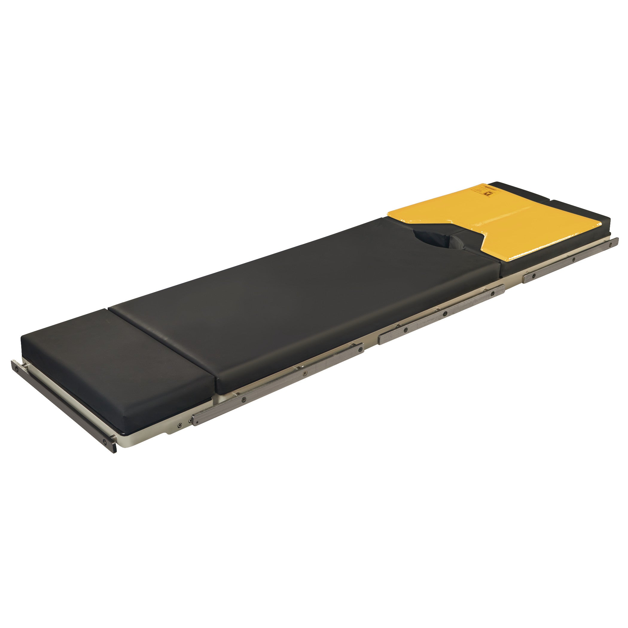 Action Foot Section Surface Overlay with Cutout, featuring a black cushioned surface and yellow section with cutout, on a metal frame.