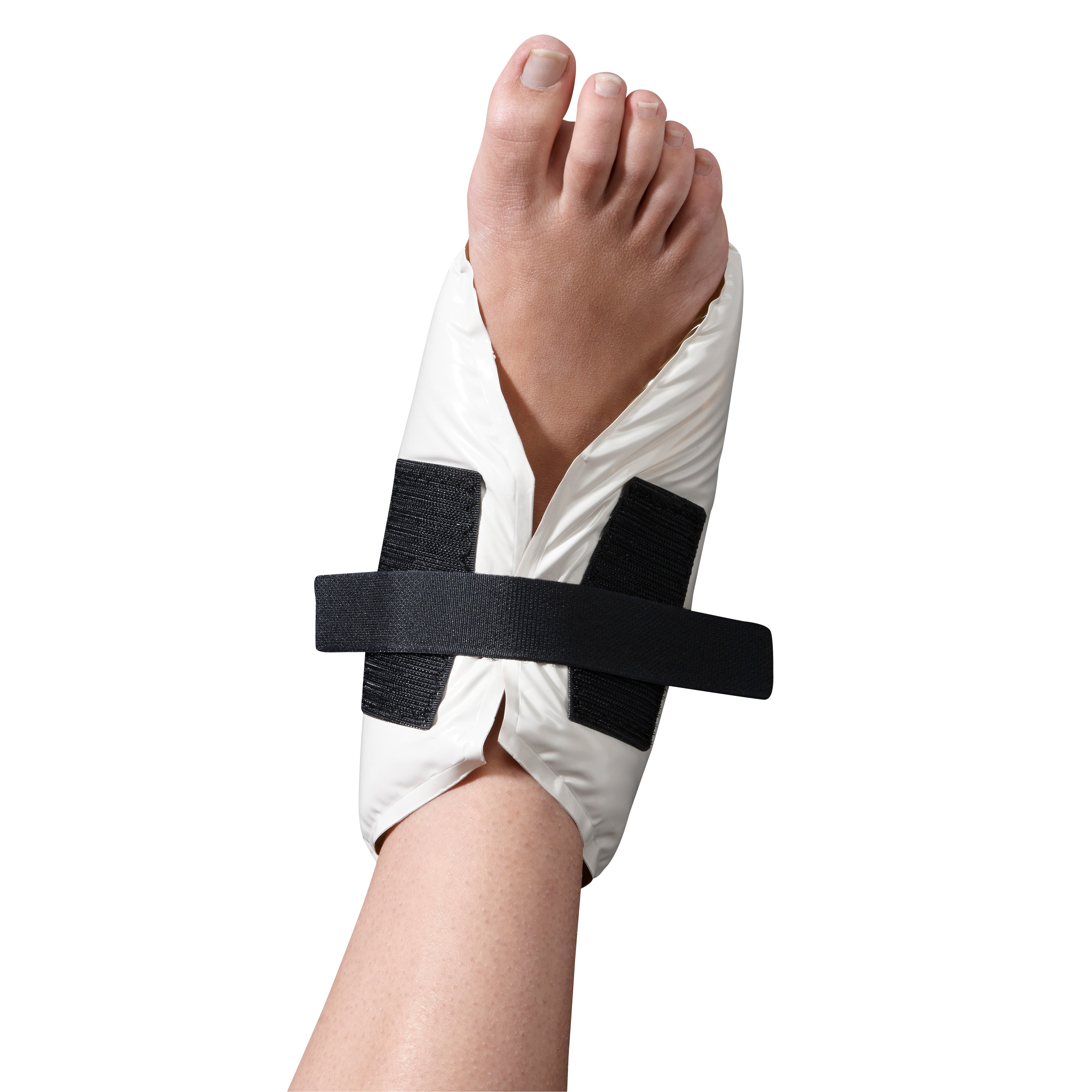 A foot wearing the AliMed AliGel Heel Protector Wrap, featuring a white cushion with black straps for support and protection.