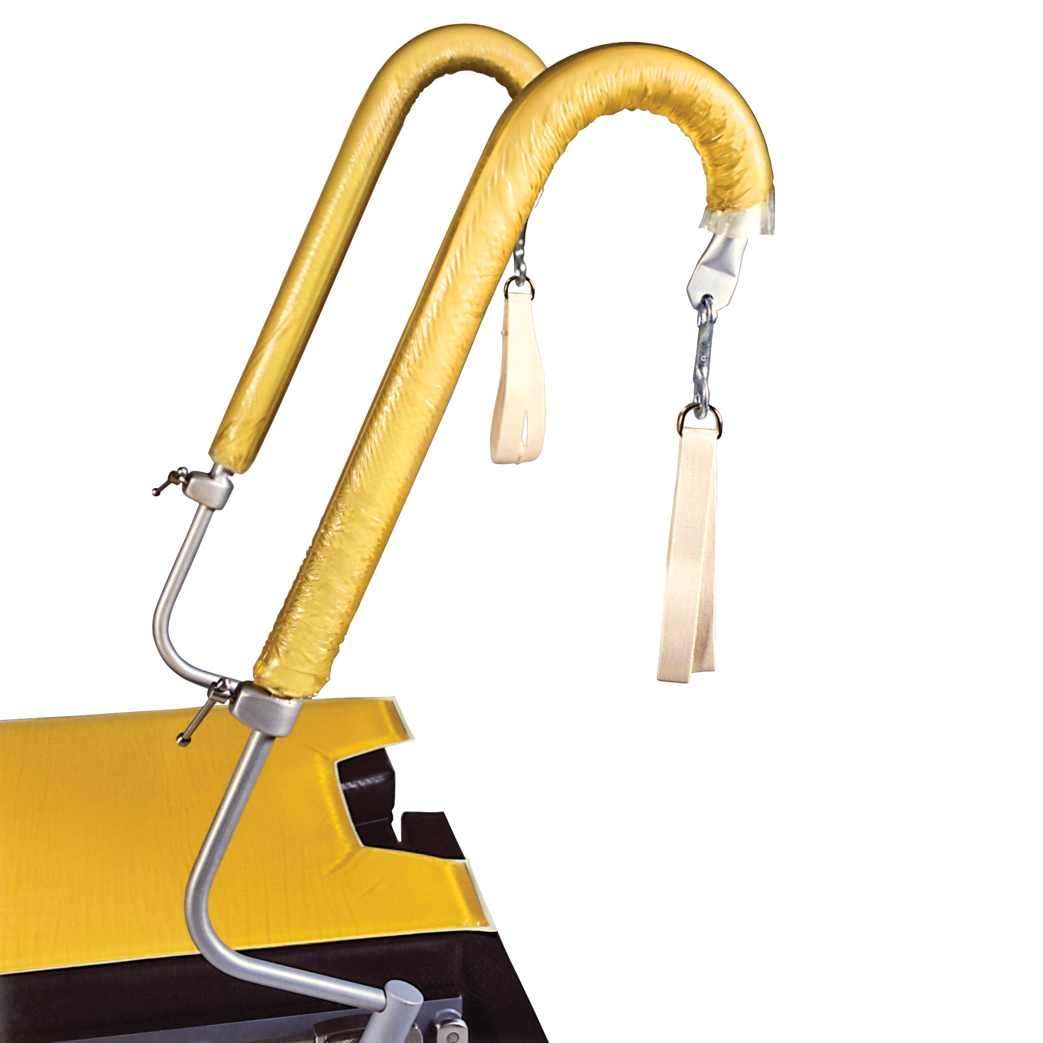AliMed AliGel Pole Sleeve on a metal exercise handle with padded yellow covers and beige fabric loops, set on a yellow platform.