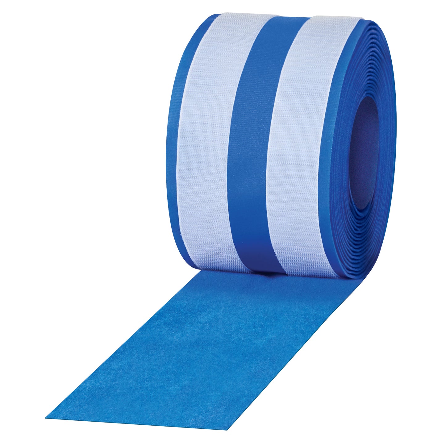 A roll of blue and white AliMed AliStrap Positioning Strap, featuring dual bands and an extended length of strap unrolled.