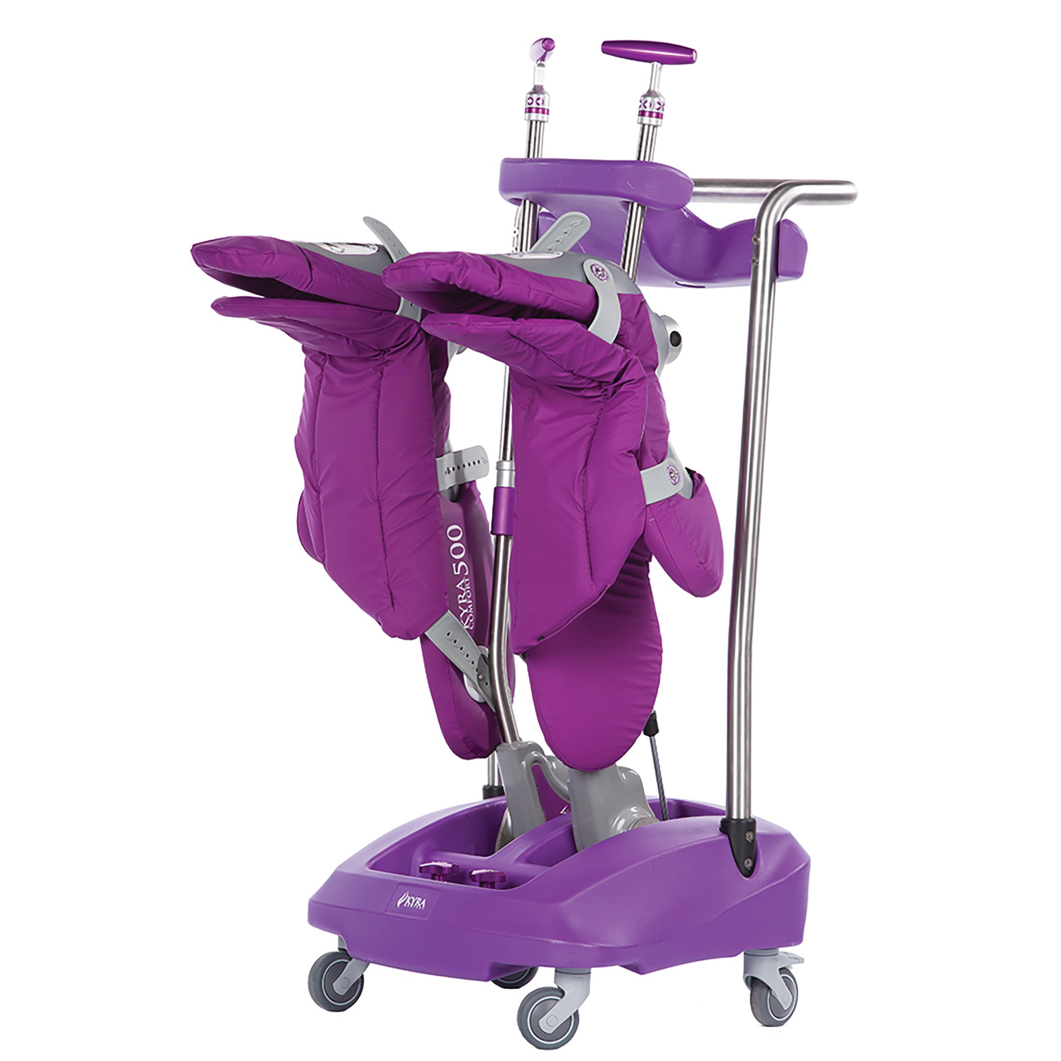 KYRA Purple Stirrup Cart with purple stirrups on a wheeled base, featuring adjustable support arms and padded leg holders.