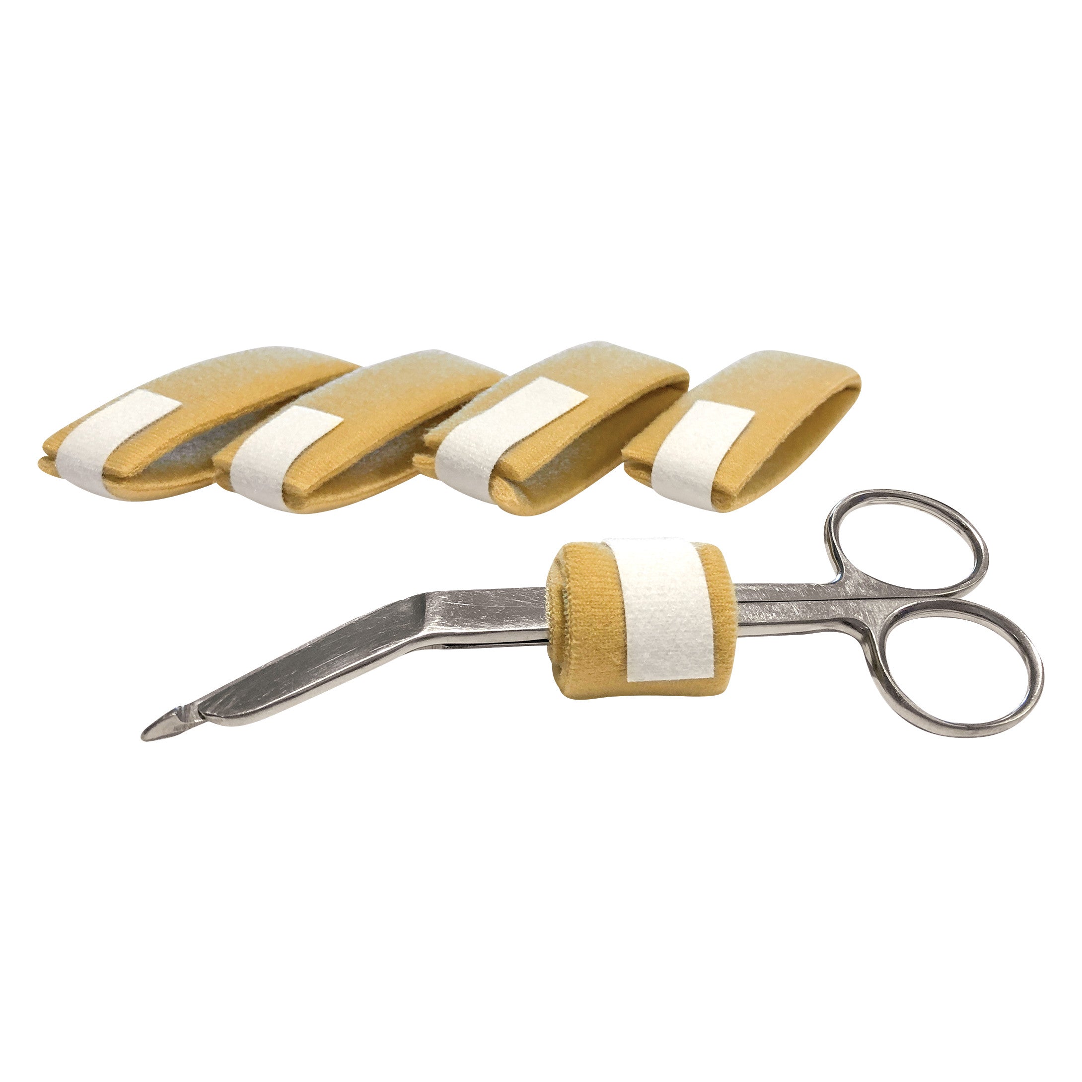 AliMed Instrument Band, consisting of five padded yellow and white bands, is shown on a pair of angled surgical scissors.
