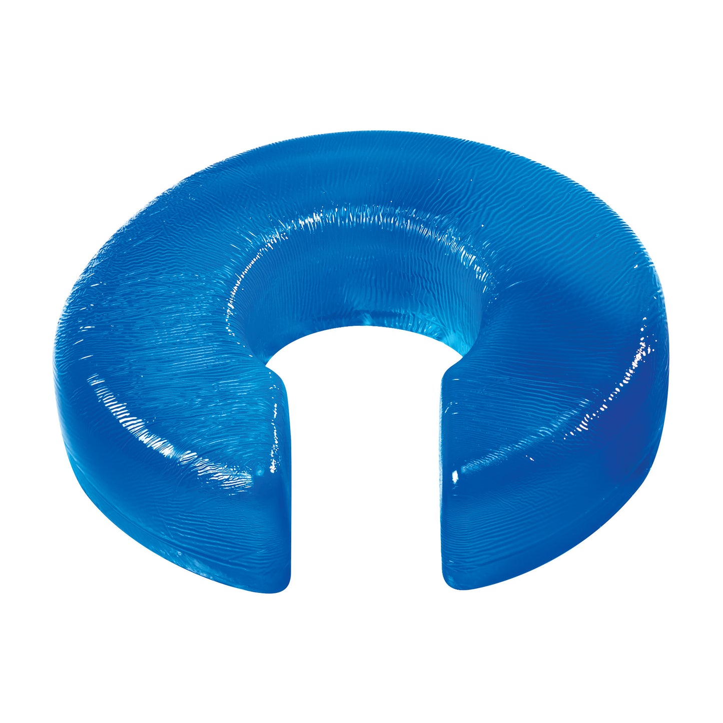 The AliMed AliBlue Gel Horseshoe Donut is a translucent blue, C-shaped cushion with a central opening and smooth textured surface.