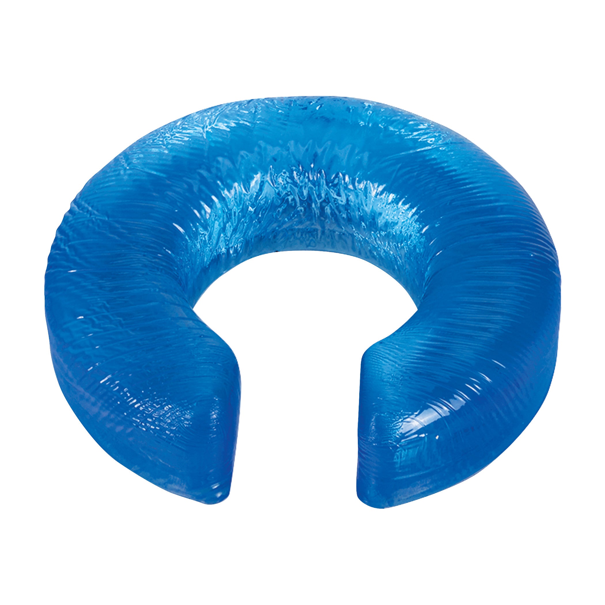 The AliMed AliBlue Gel Horseshoe Donut is a blue U-shaped gel cushion designed for comfort and support, with a textured surface.