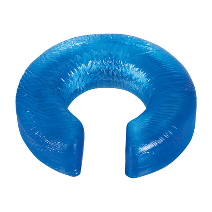 The AliMed AliBlue Gel Horseshoe Donut is a blue U-shaped gel cushion designed for comfort and support, with a textured surface.