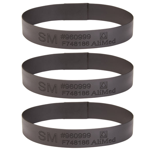 Three black bands labeled "SM" and "AliMed" with codes, shown. Product: Small Loop for AliMed Dialysis Arm Positioner.