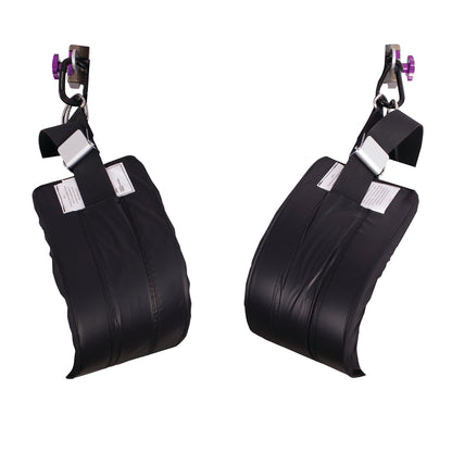 Two KYRA Nissen Straps, designed for medical use, appear suspended with clips, featuring adjustable black padded sections.