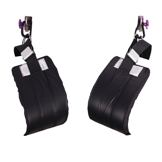 Two KYRA Nissen Straps, designed for medical use, appear suspended with clips, featuring adjustable black padded sections.