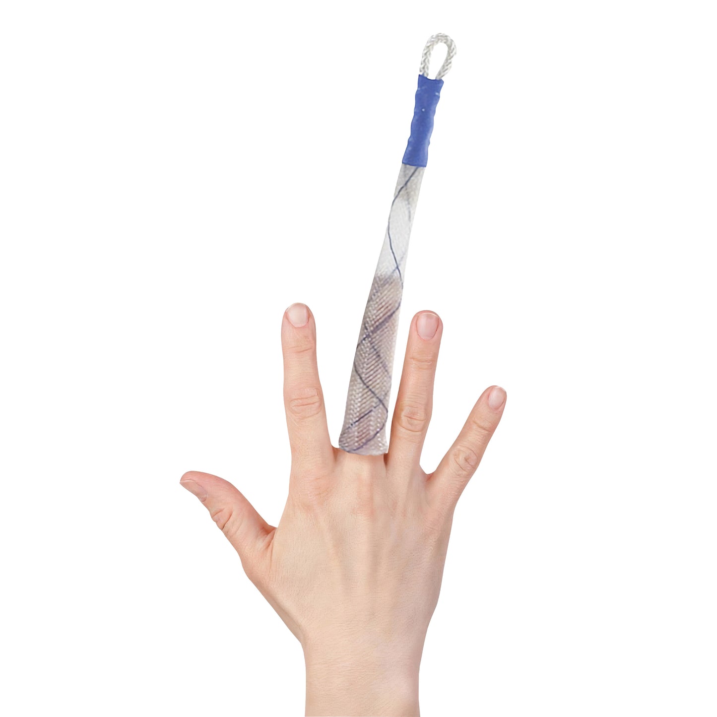 A hand wearing a KYRA Disposable Single Finger Trap on the index finger, showing the trap's mesh design and blue grip against a white background.