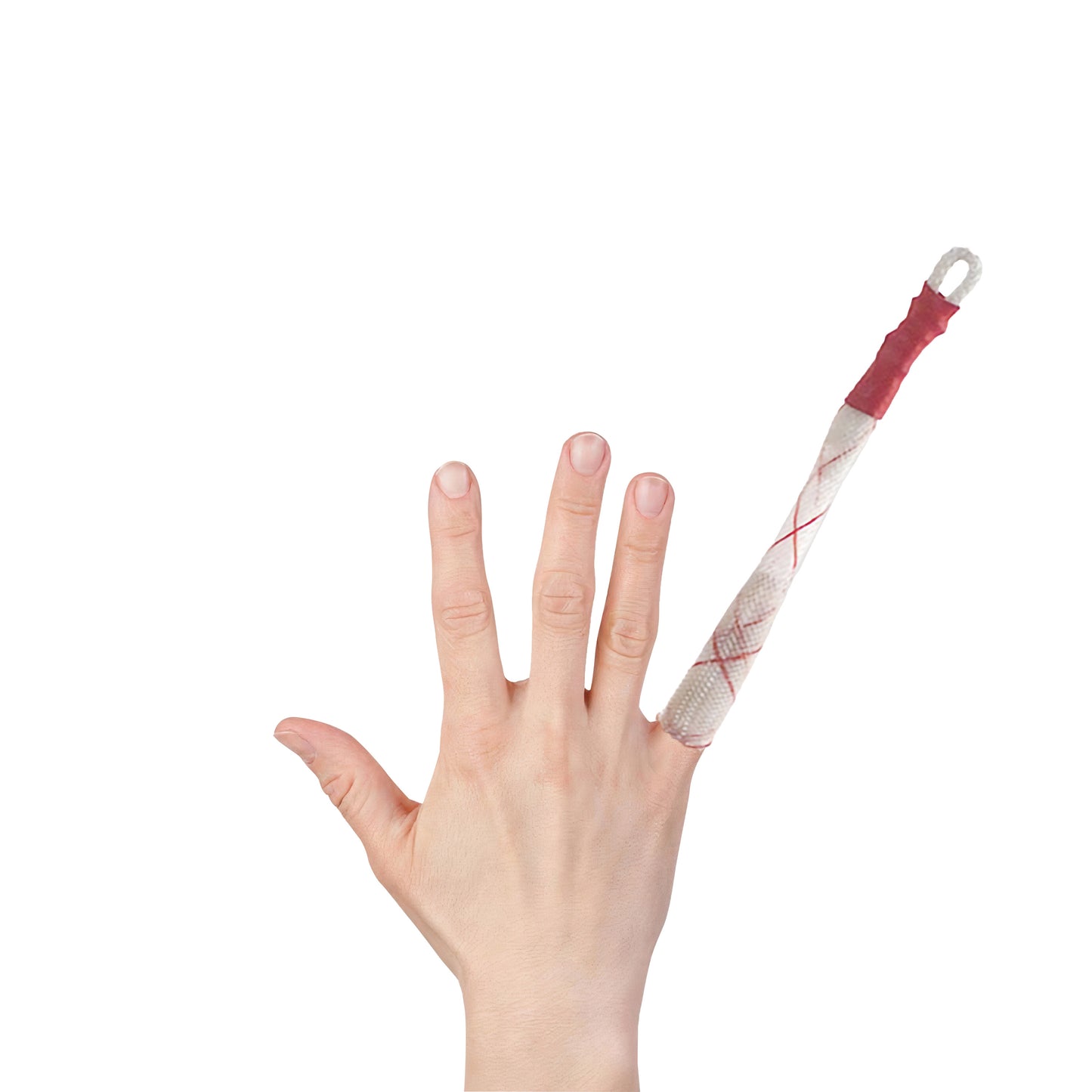 A hand wearing a KYRA Disposable Single Finger Trap on the index finger against a white background.