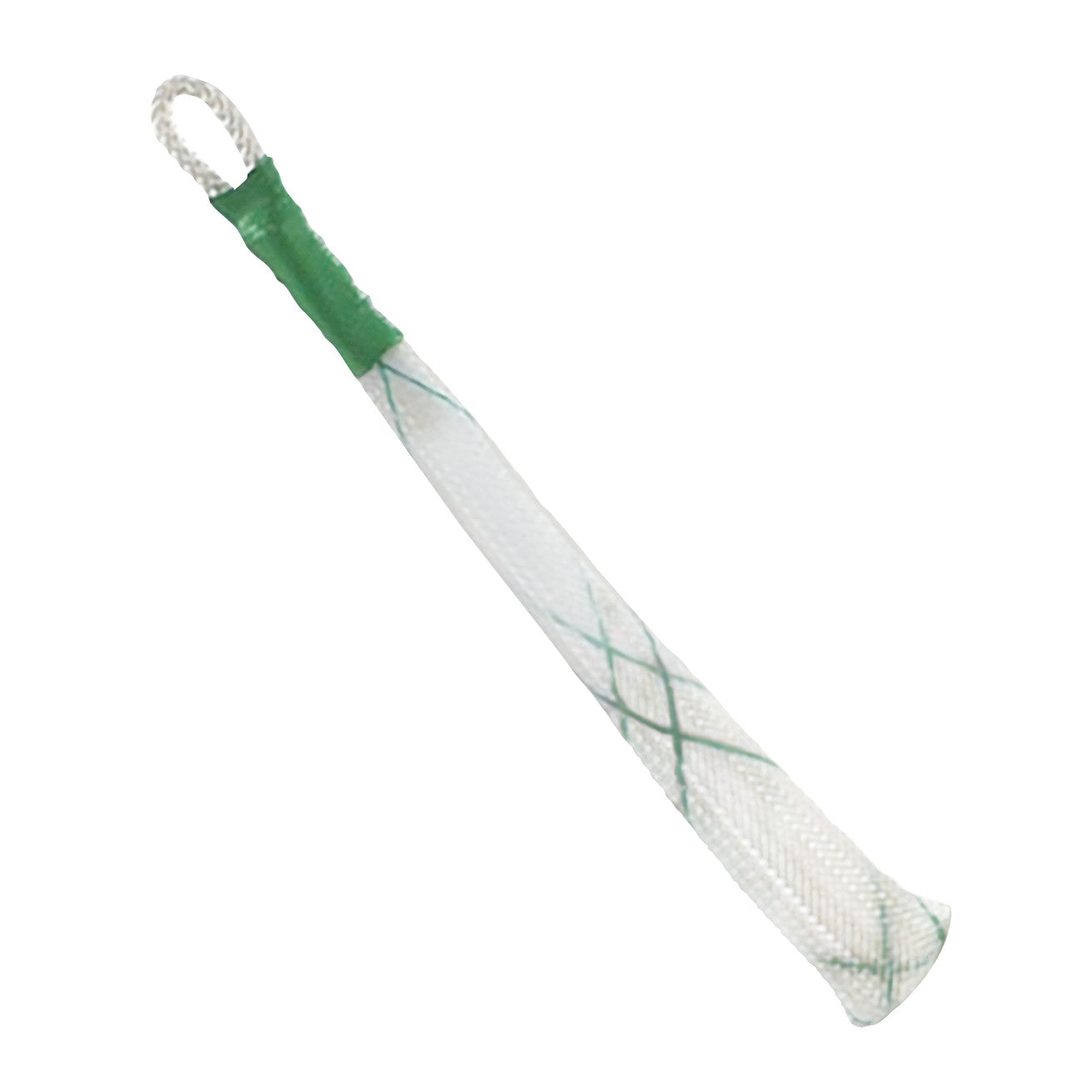 A KYRA Disposable Single Finger Trap with a green and white mesh design, featuring a loop for securing a finger during procedures.