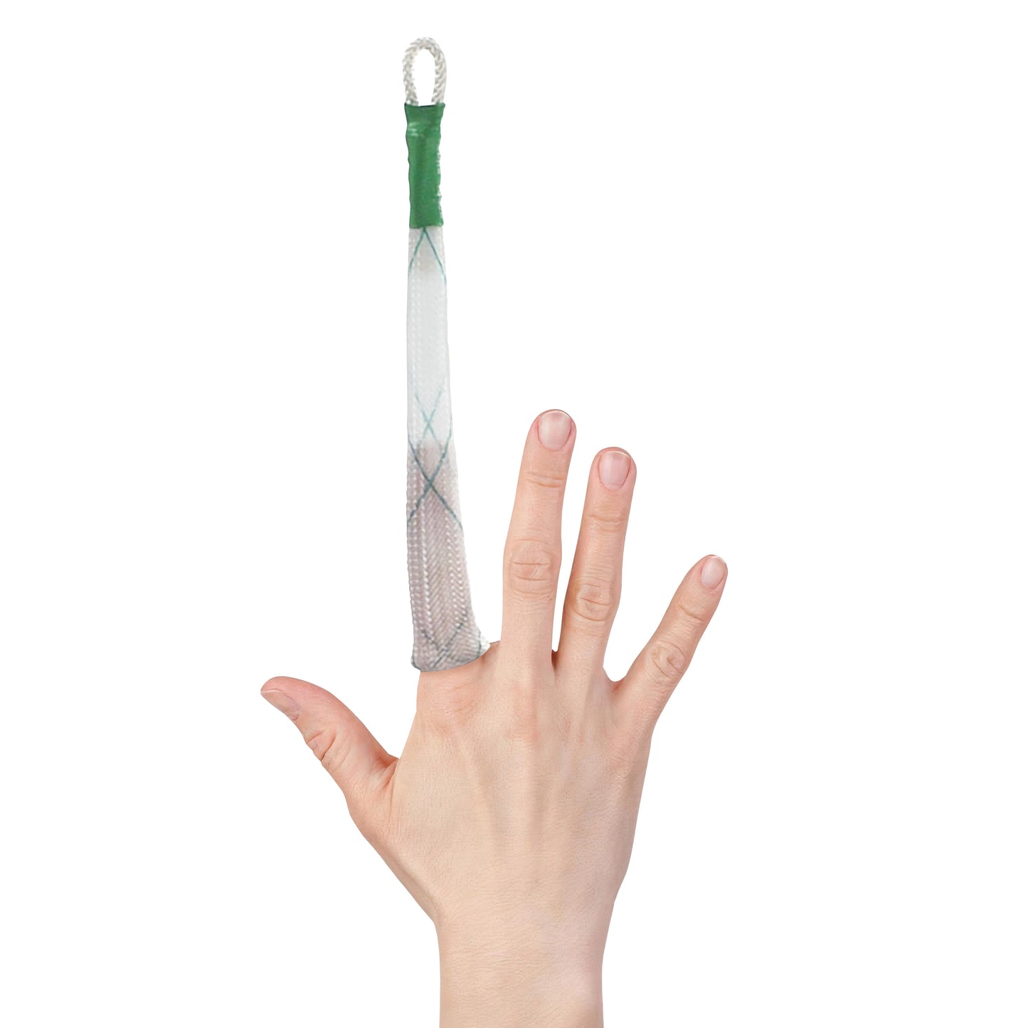 A hand with a KYRA Disposable Single Finger Trap on the index finger, featuring a mesh design and a loop at the top.