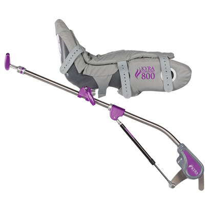 The KYRA Comfort 800 Lithotomy Stirrup features padded supports and adjustable straps with a metallic arm and purple accents.