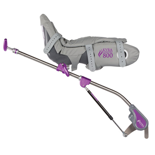 The KYRA Comfort 800 Lithotomy Stirrup features a gray padded leg support with adjustable straps and a purple-accented metal arm.
