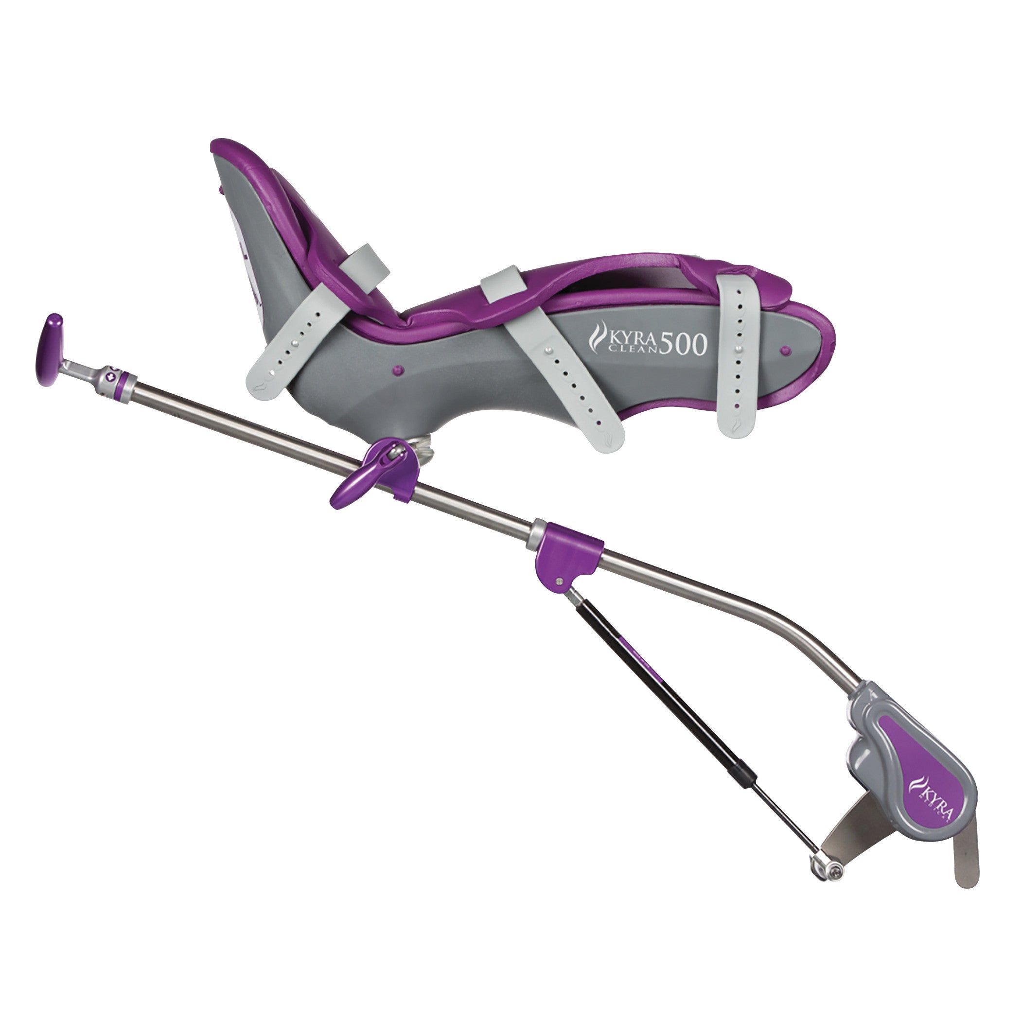 KYRA Clean 500 Lithotomy Stirrup with purple and gray padding, white straps, and an adjustable metal arm and foot support.