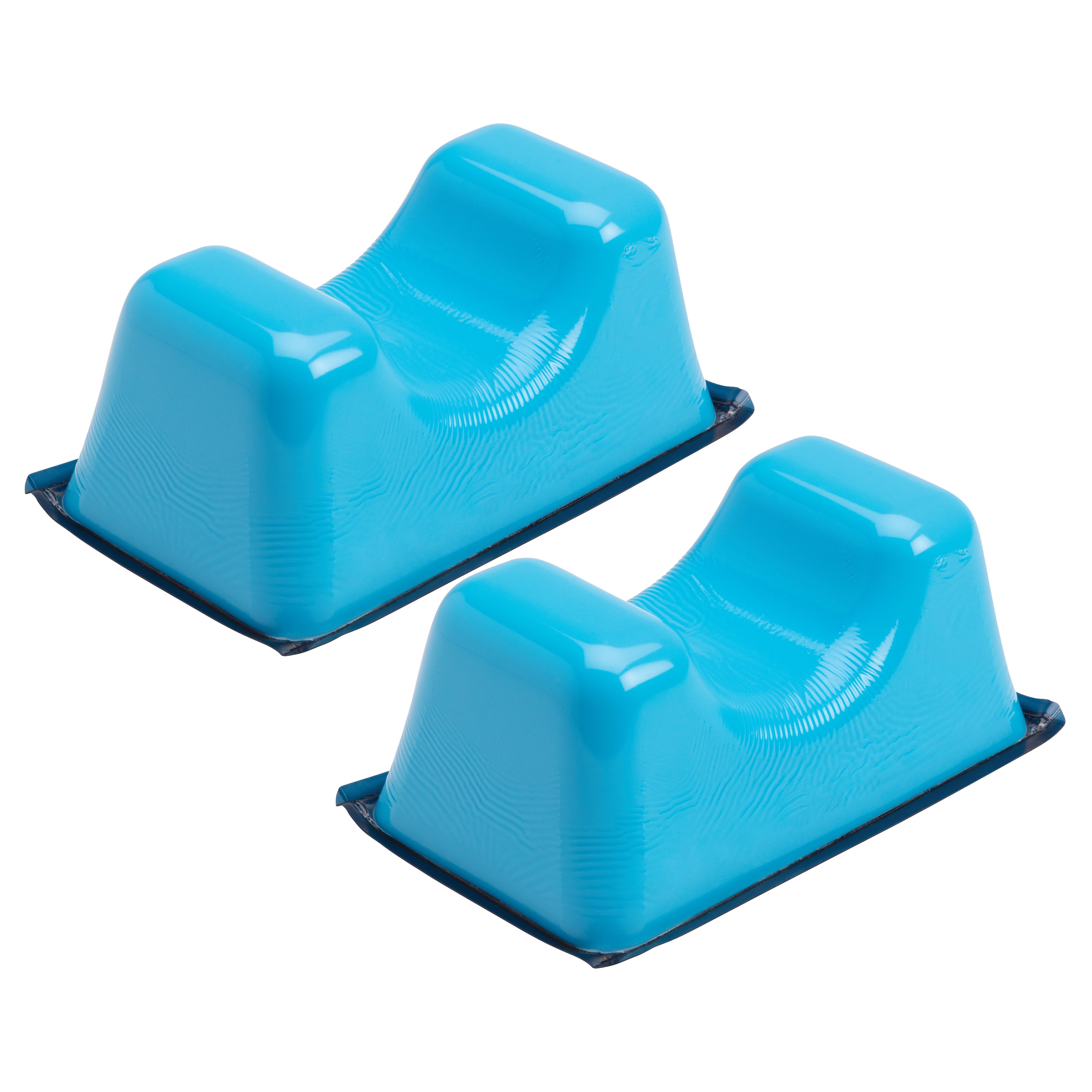 Two AliMed AliBlue Lite Hybrid Gel Heel Pads in blue, designed for foot support and pressure relief with a contoured shape.