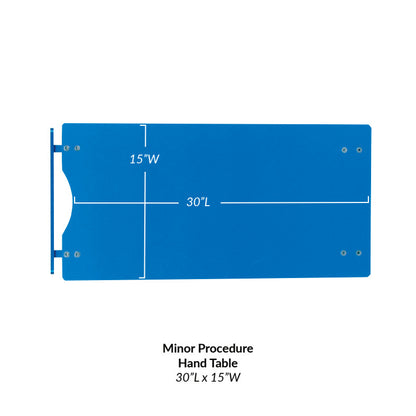 Blue rectangular AliMed Minor Procedure Rhino Board Hand Table with dimensions 30"L x 15"W displayed on the surface.