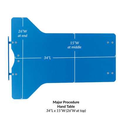 The AliMed Major Procedure Rhino Board Hand Table is blue, measures 34 inches long and 15 inches wide, widening to 26 inches at the top.