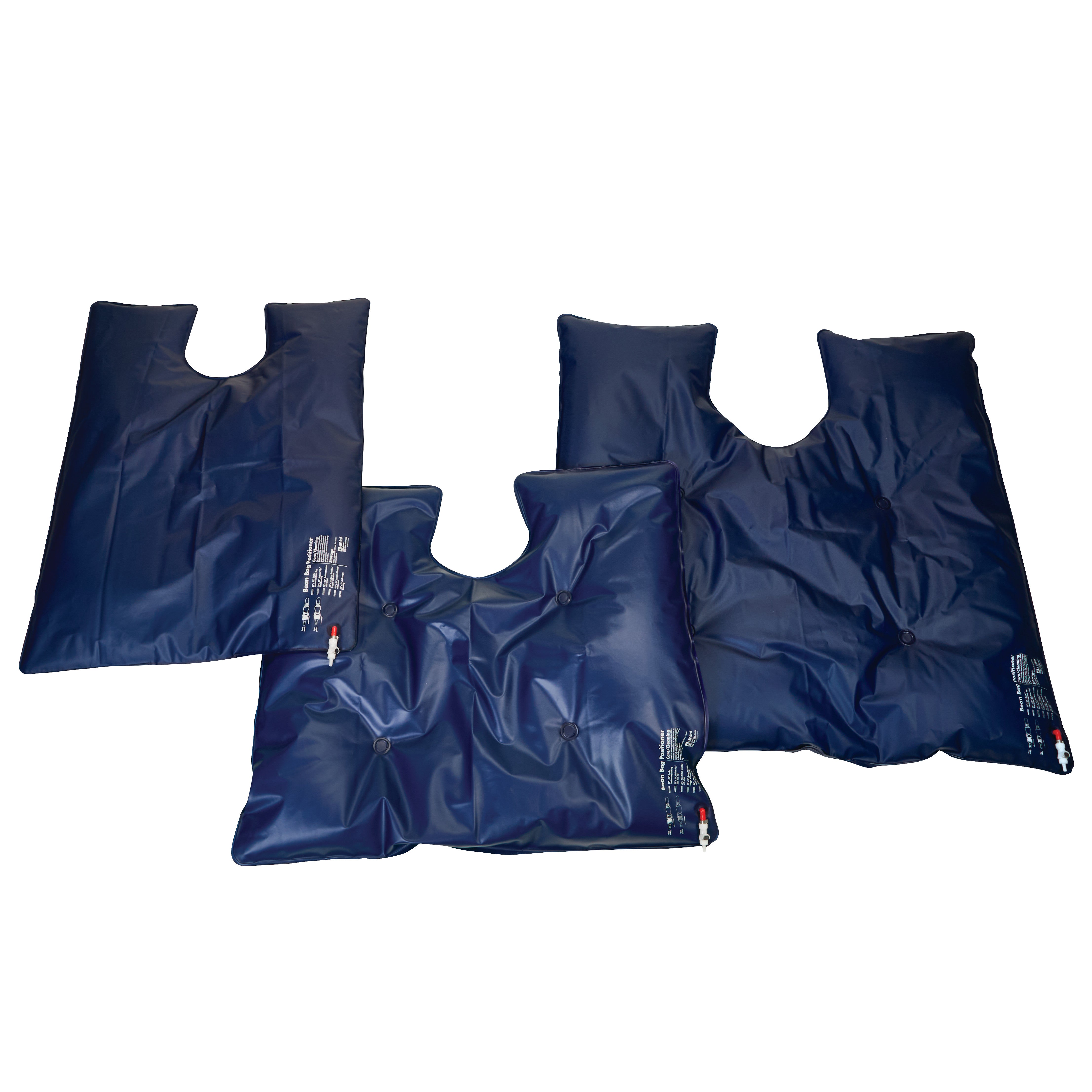 Three navy AliMed Bean Bag Positioners with Cutouts are shown, designed for medical positioning.
