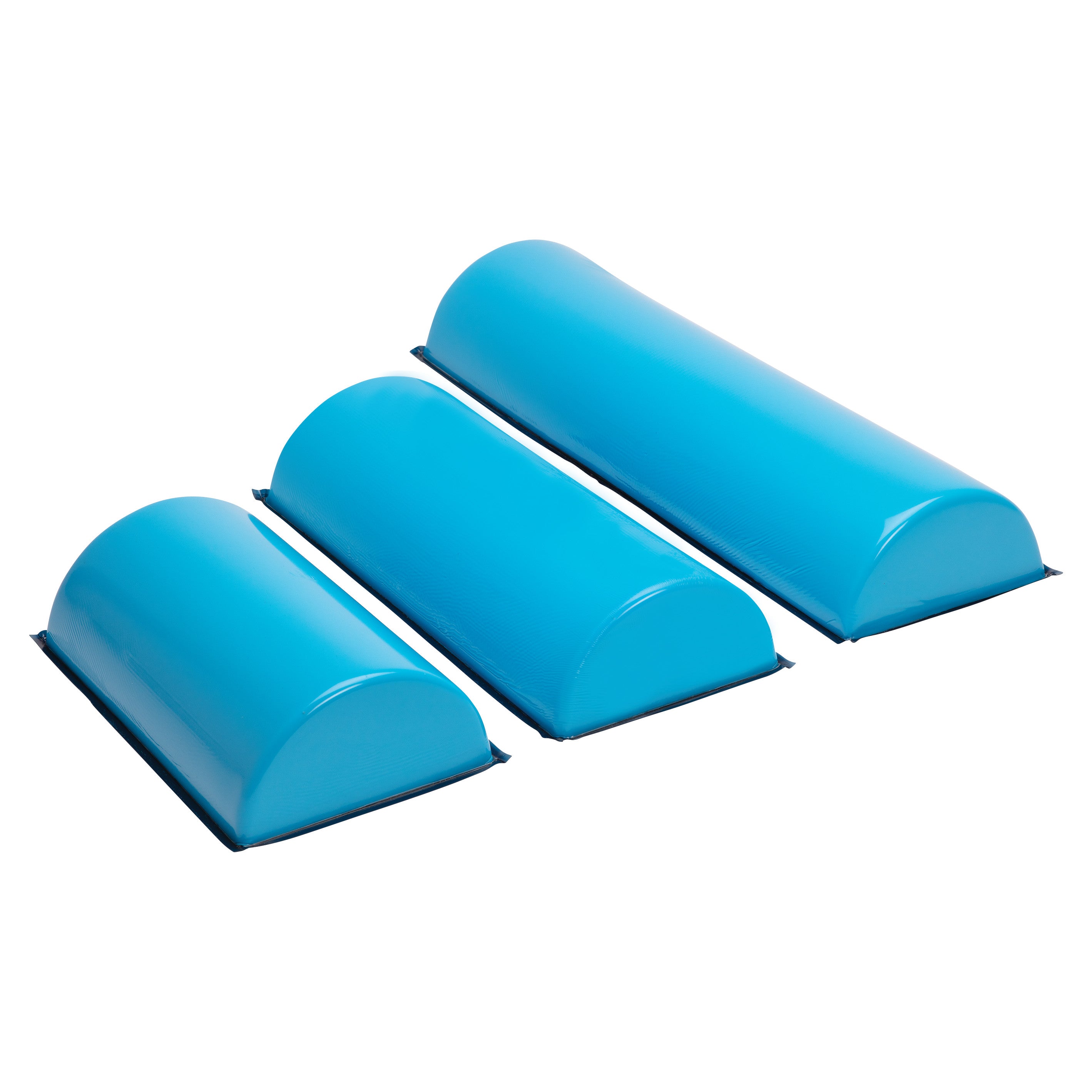 Three AliMed AliBlue Lite Hybrid Gel Dome Positioners in increasing size are aligned side by side against a white background.