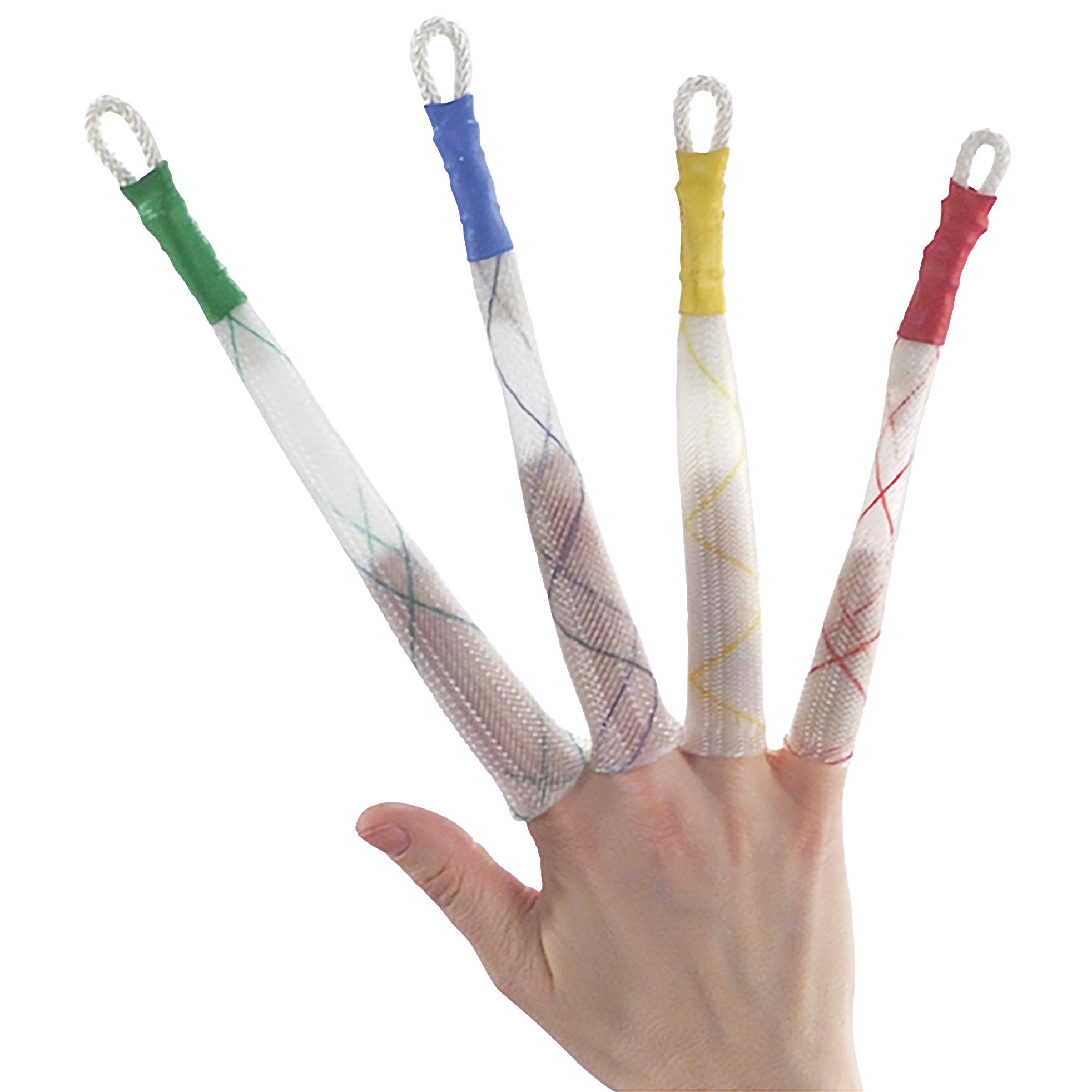 A hand is shown with fingers inside KYRA Disposable Single Finger Traps, featuring colorful bands and looped ends for medical use.