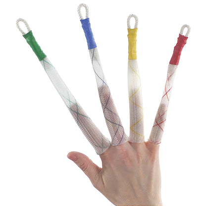 A hand is shown with fingers inside KYRA Disposable Single Finger Traps, featuring colorful bands and looped ends for medical use.