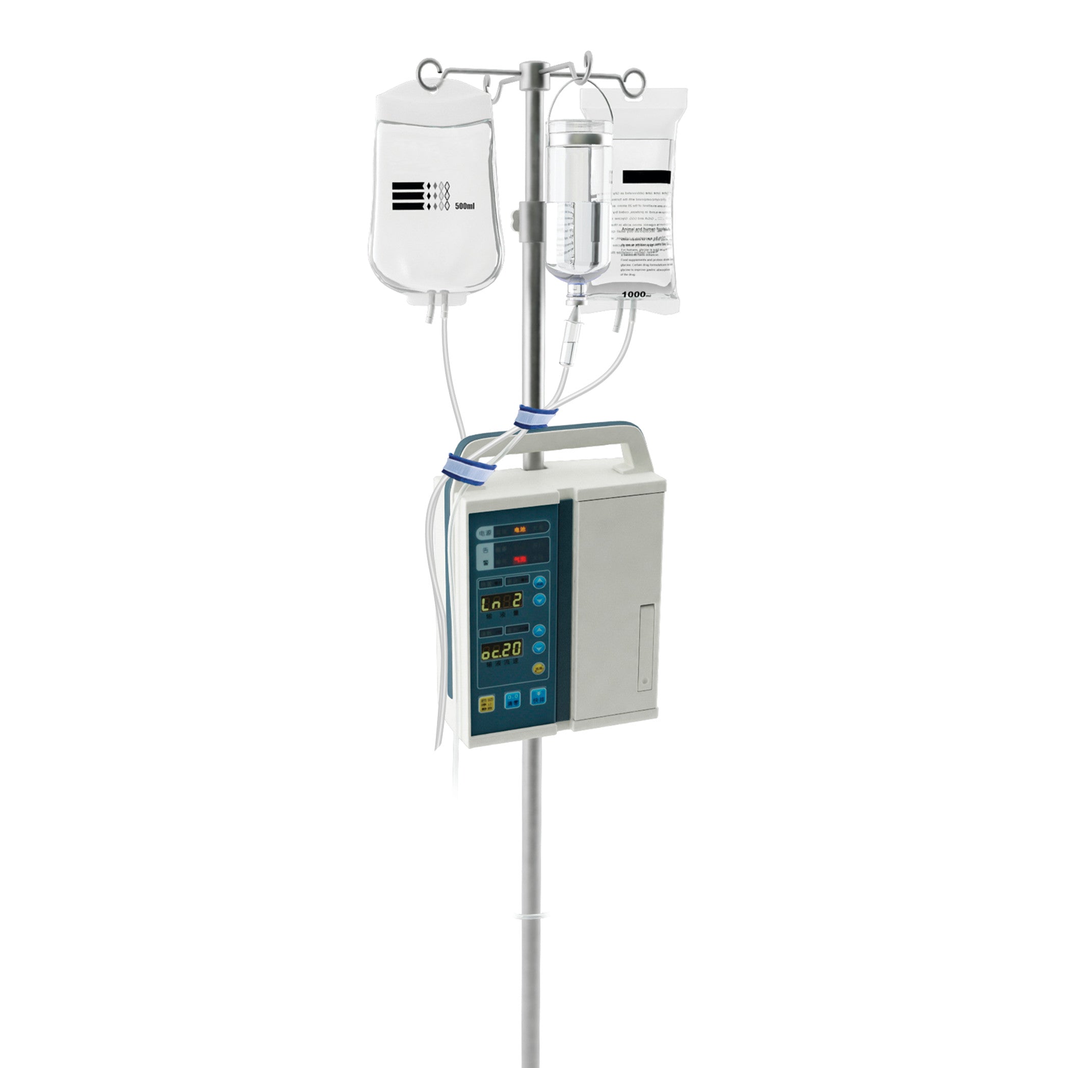 An IV pole with AliMed AliStrap Positioning Strap, featuring two hanging bags and a digital infusion pump.