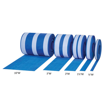 Five rolls of AliMed AliStrap Positioning Strap in blue are shown in varying widths: 10", 5", 3", 1.5", and 0.75".