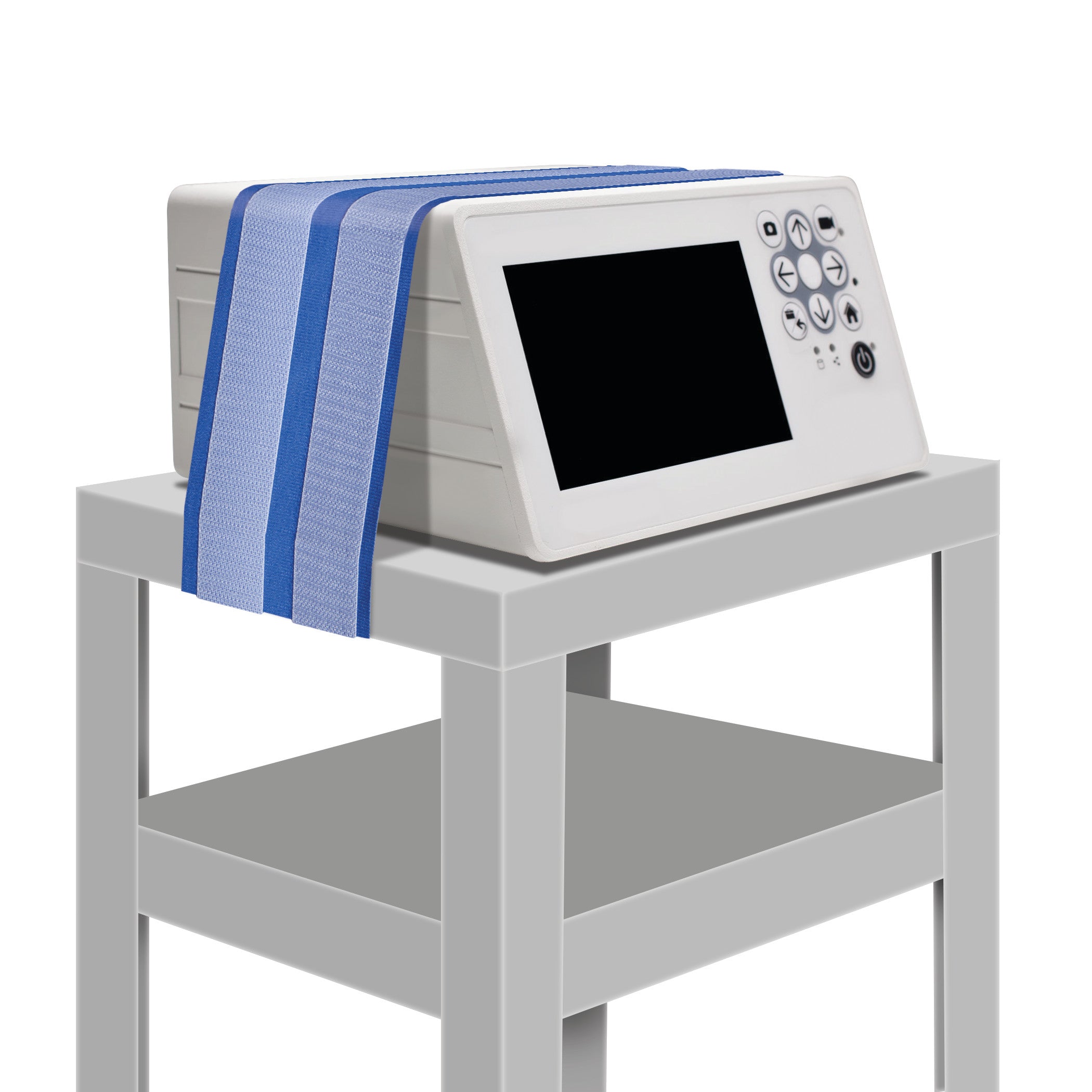 AliMed AliStrap Positioning Strap displayed on a white medical device with a screen and buttons, resting on a gray stand.