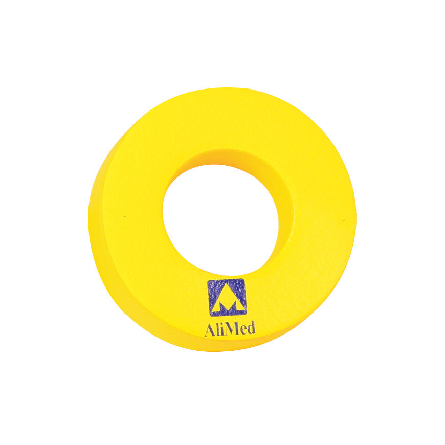 An AliMed Protecta-Coat Head Donut, a bright yellow foam ring with a central hole, featuring the AliMed logo.