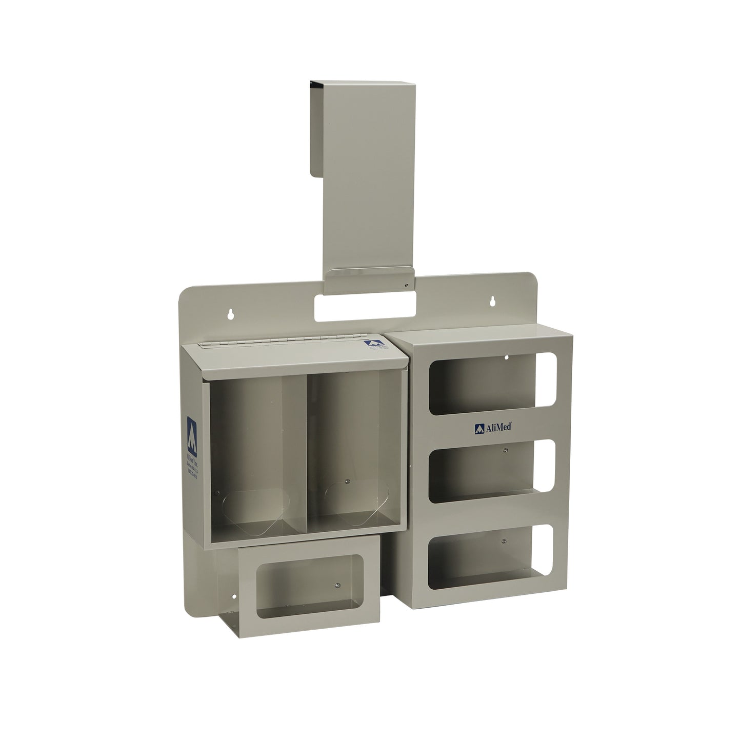 The AliMed Bulk PPE Organizer is a wall-mounted unit with compartments for storing personal protective equipment.