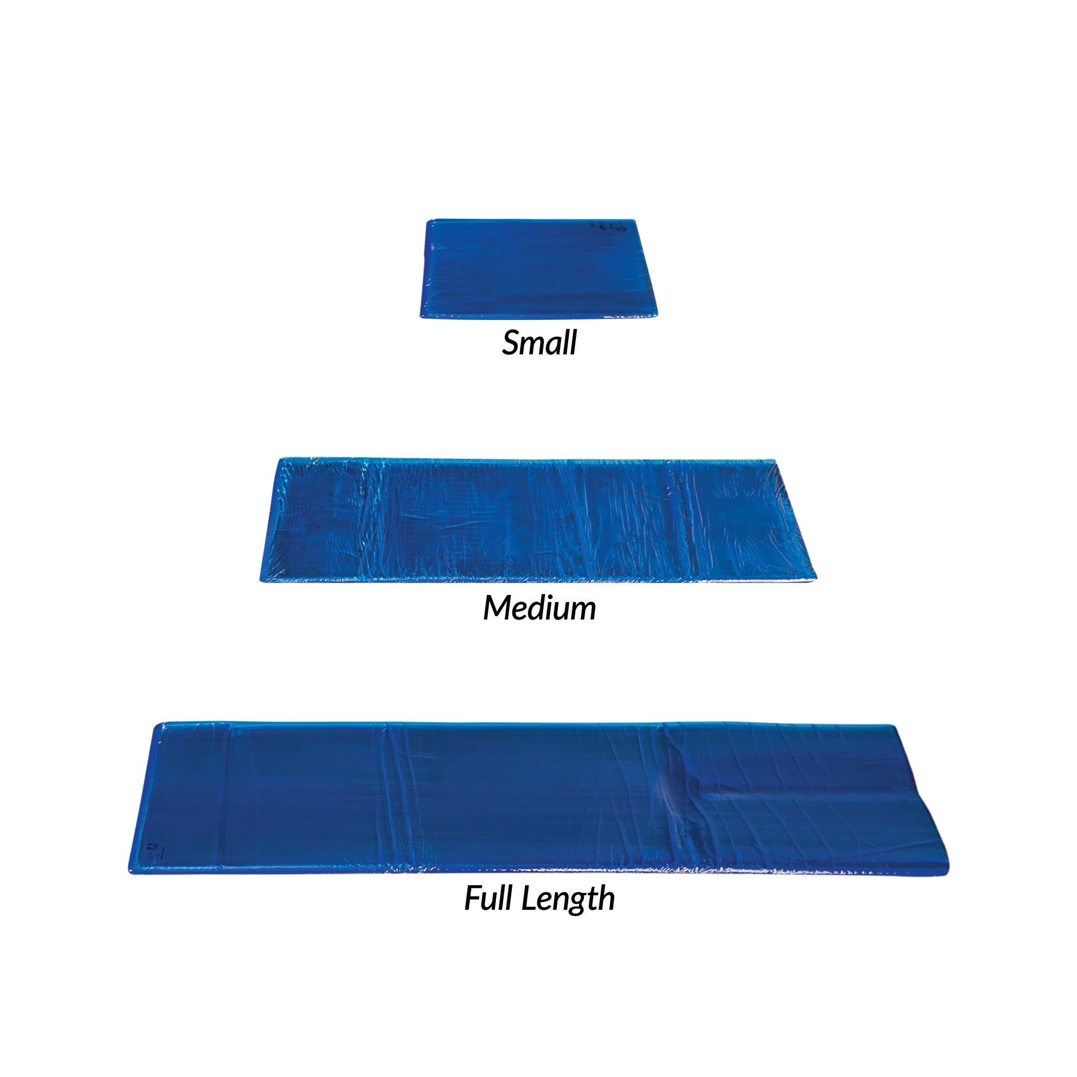 Three sizes of the AliMed AliBlue Gel Surface Overlay are shown: small, medium, and full length, all in blue.