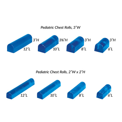 AliMed AliBlue Gel Chest Roll variety showing pediatric chest rolls in sizes 12", 10", 8", and 6" lengths, with two widths.