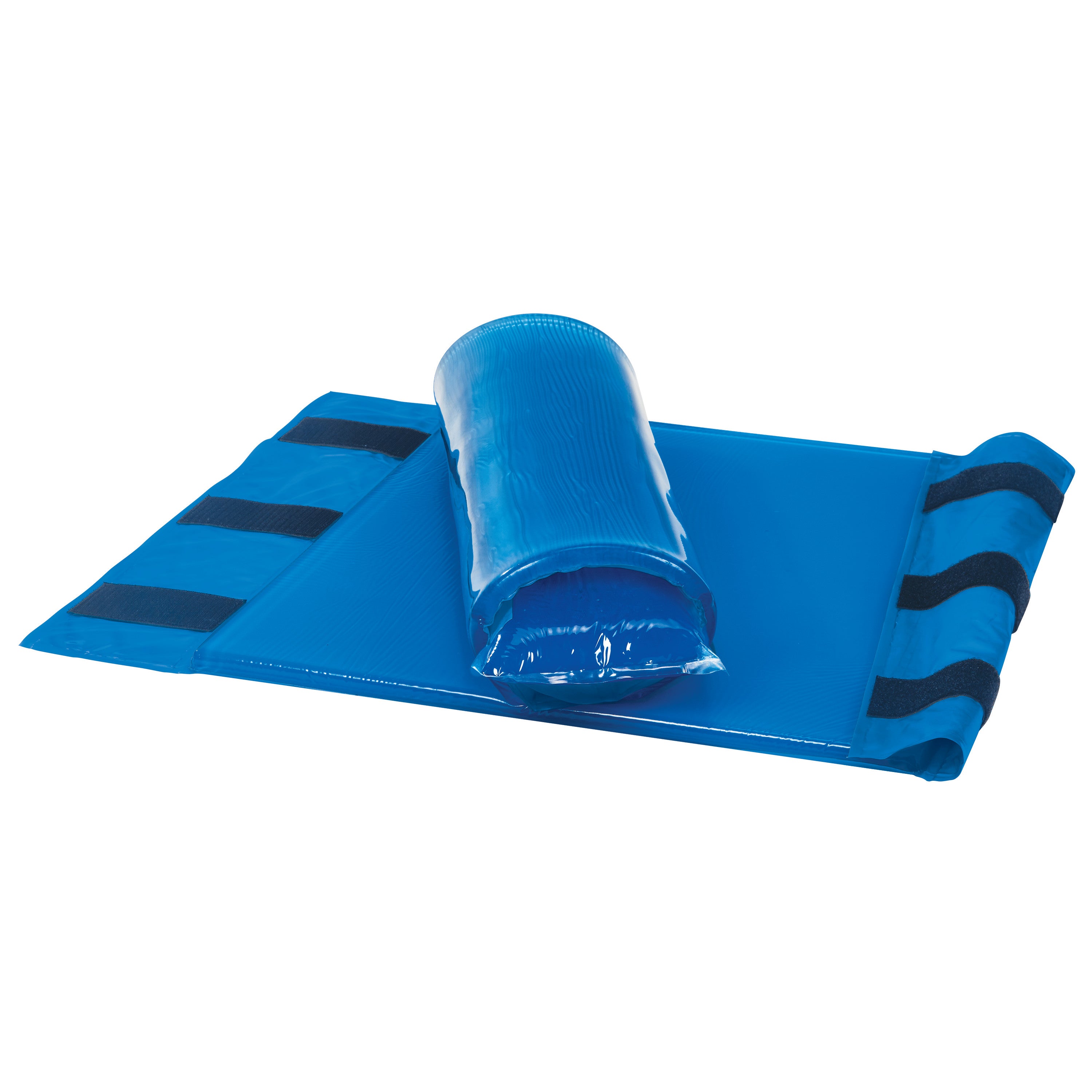 Blue padded mat with a rolled cylindrical cushion. The product is named AliMed AliBlue Gel Axillary Roll Cover.