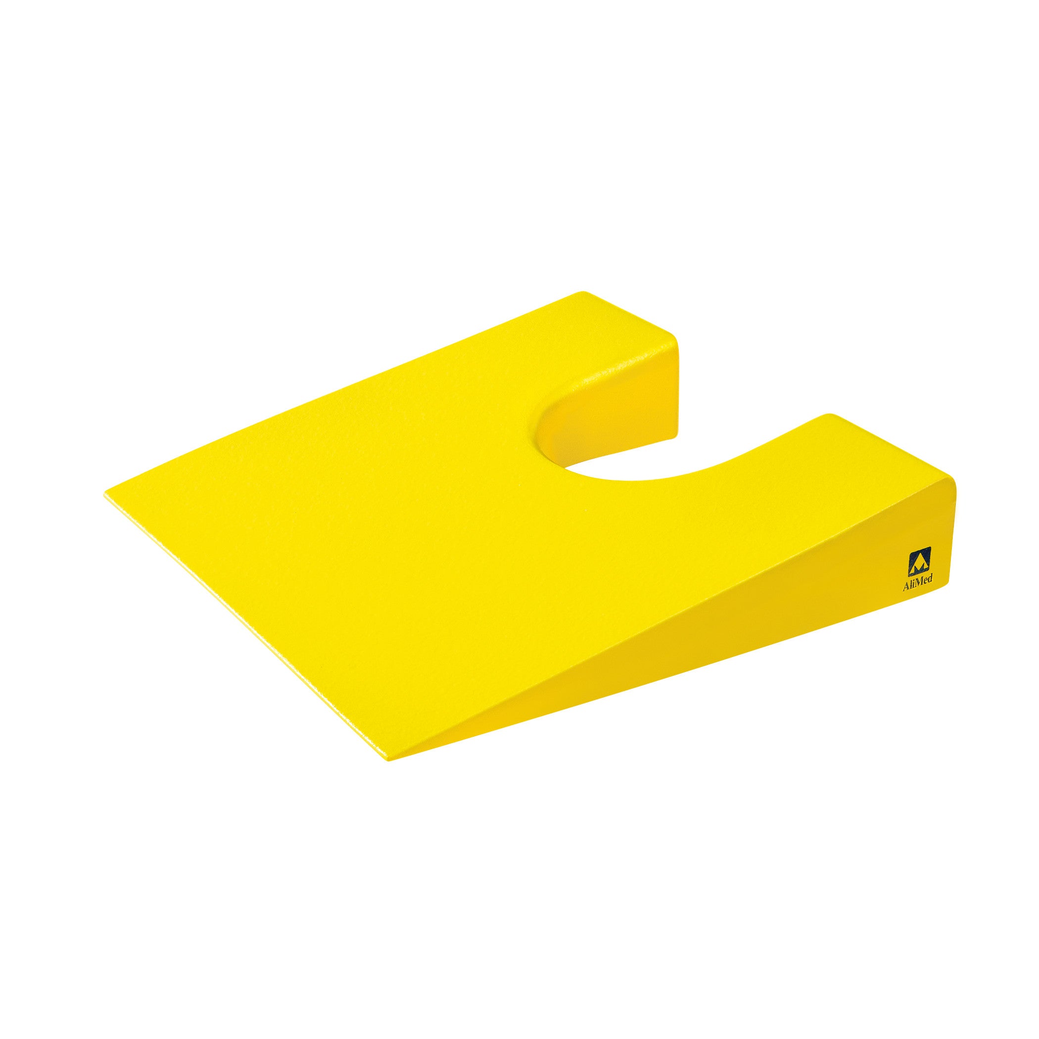 Yellow AliMed Protecta-Coat Perineal Wedge with a U-shaped notch, used for positioning.