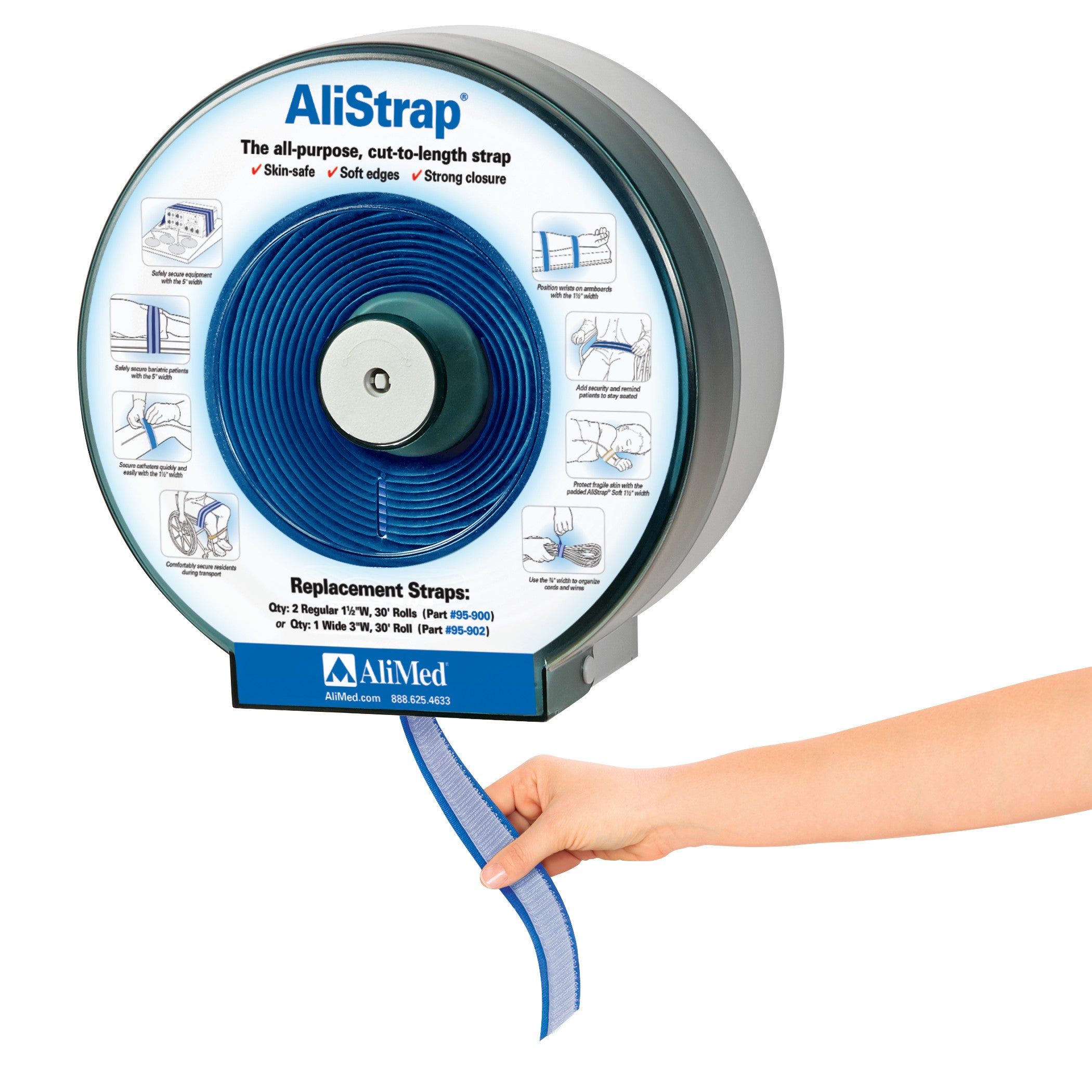 AliMed AliStrap Dispenser with a roll of blue strap material being pulled out, designed for cut-to-length use with illustrations on the front.