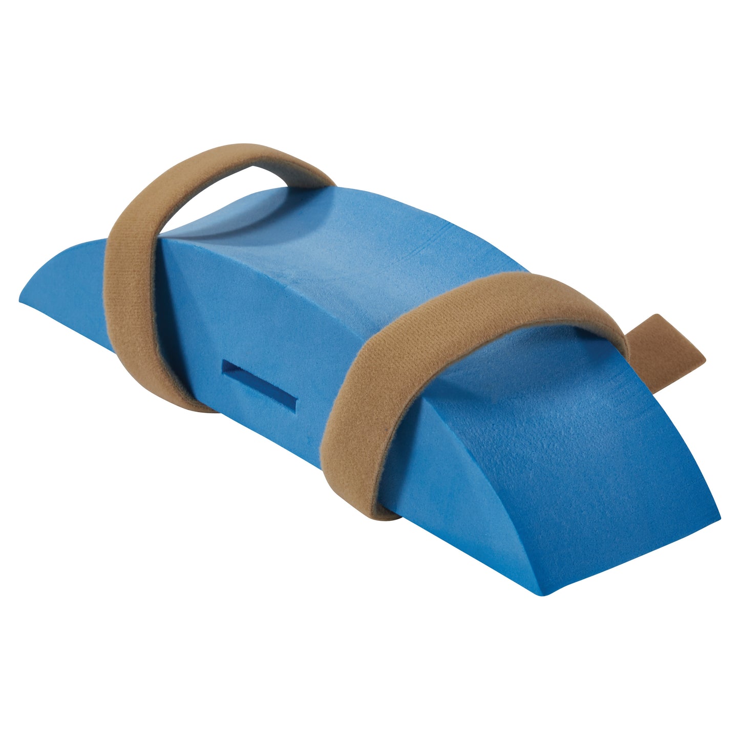 Blue foam leg support splint with two adjustable brown straps. Product: AliMed Deluxe A-Line Support Splint.