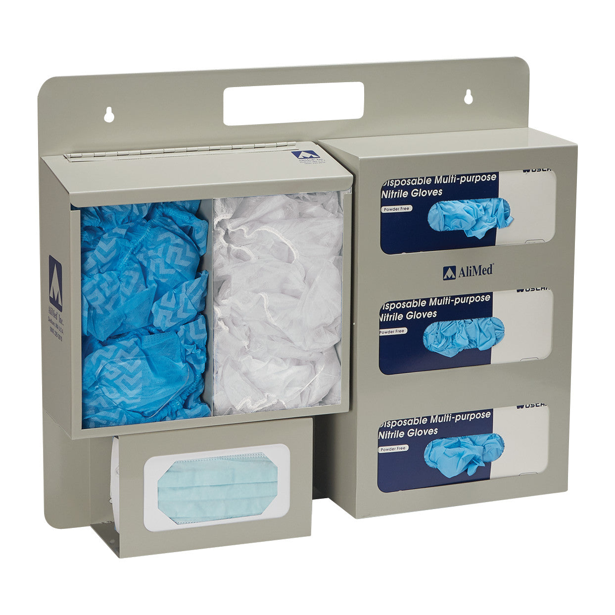 AliMed Bulk PPE Organizer with compartments for blue and white caps, face masks, and boxes of disposable nitrile gloves.