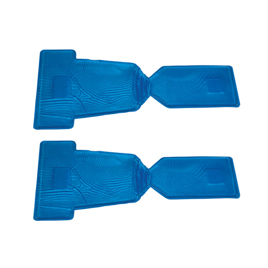 Two AliMed AliBlue Gel Lithotomy Boot Stirrup Pads are shown, made of smooth blue gel material with an ergonomic shape.