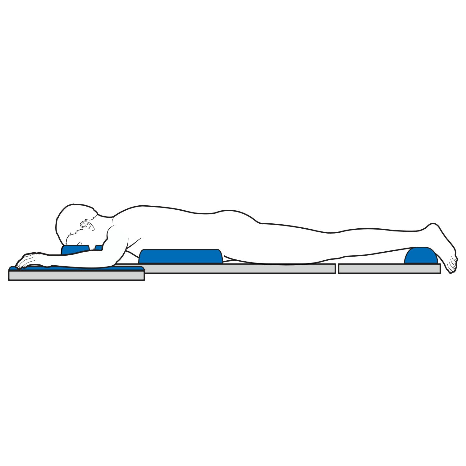 A person lies face down using the AliMed AliBlue Gel Prone Positioning Set, including head, chest, hip, and foot supports, on a flat surface.