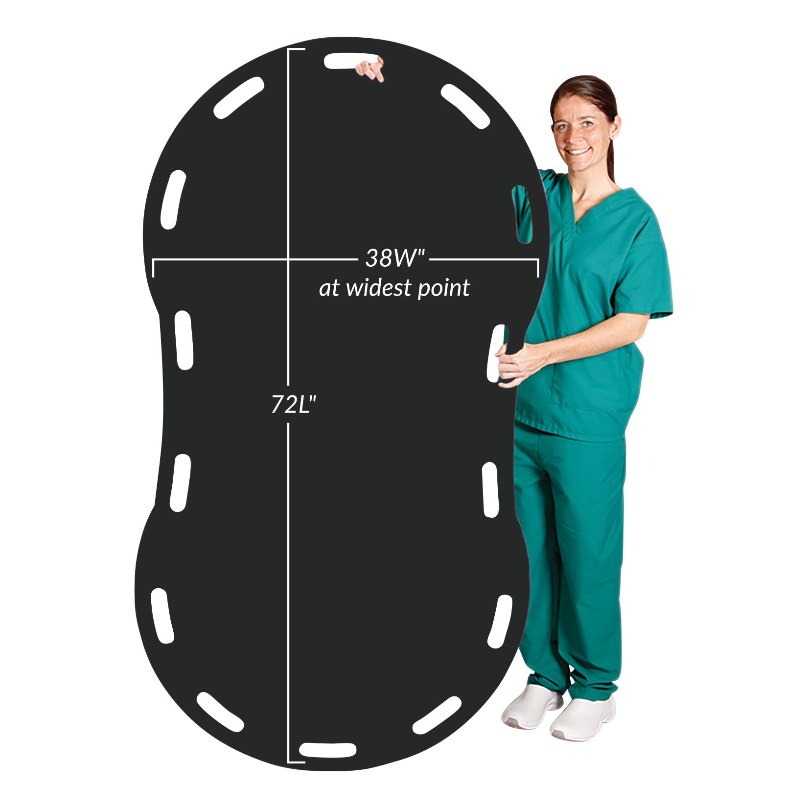 A person in scrubs holds an AliMed Bariatric Patient Shifter, measuring 72 inches long and 38 inches wide at the widest point.