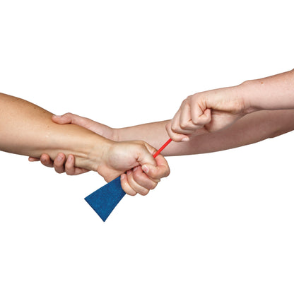 Two hands hold a blue and red handled AliMed FREEDOM Palmar Swab Kit, designed for easy grip and cleaning.