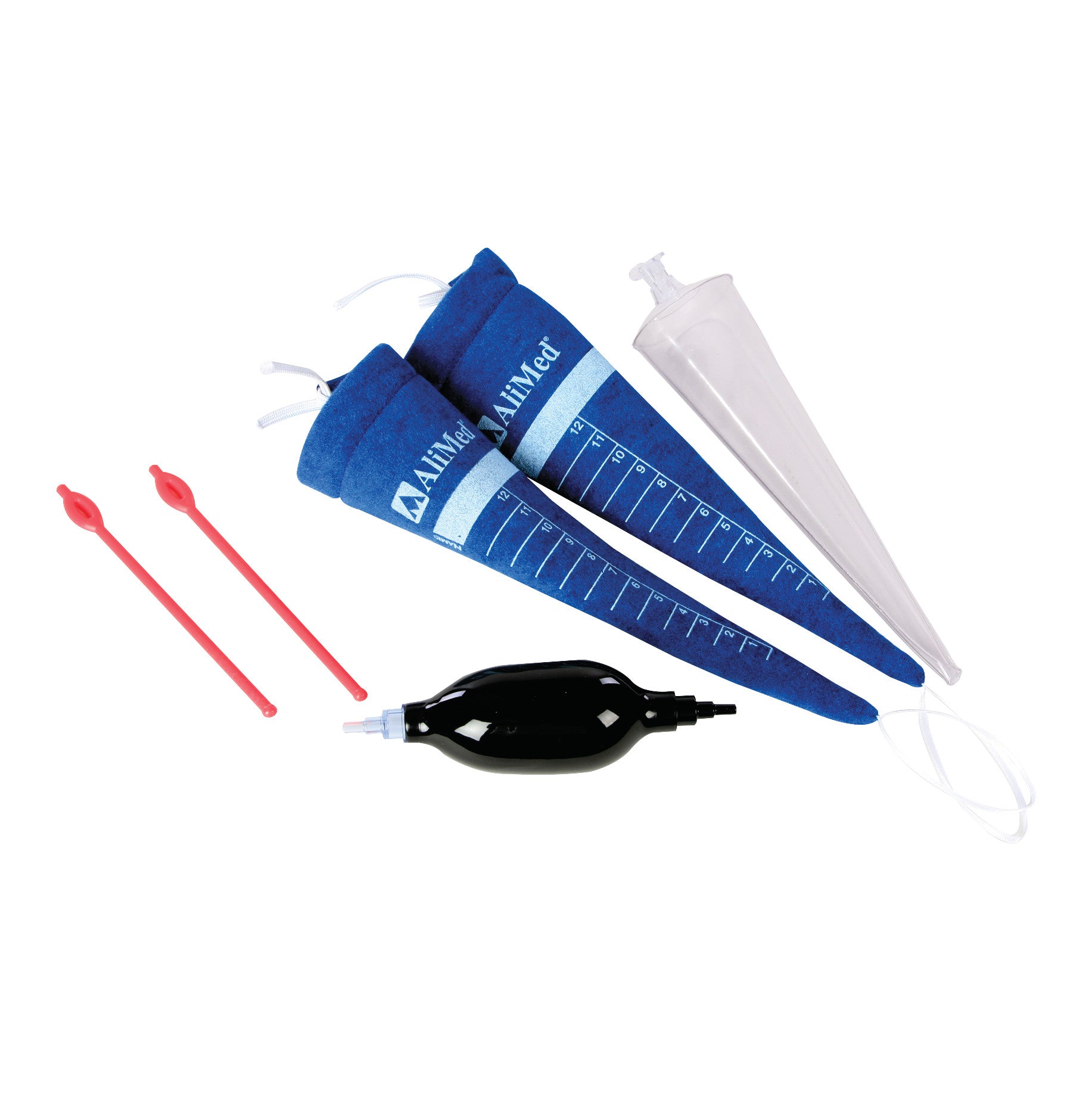 Inflatable Carrot Contracture Orthosis Kit includes blue and clear cone-shaped orthoses with red straps and a black pump.